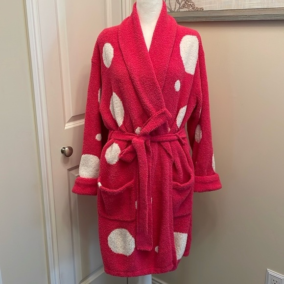 Victoria Secret Polkadot Plush Fleece Short Kimono Robe Large Hot Pink-White EC - Picture 1 of 16
